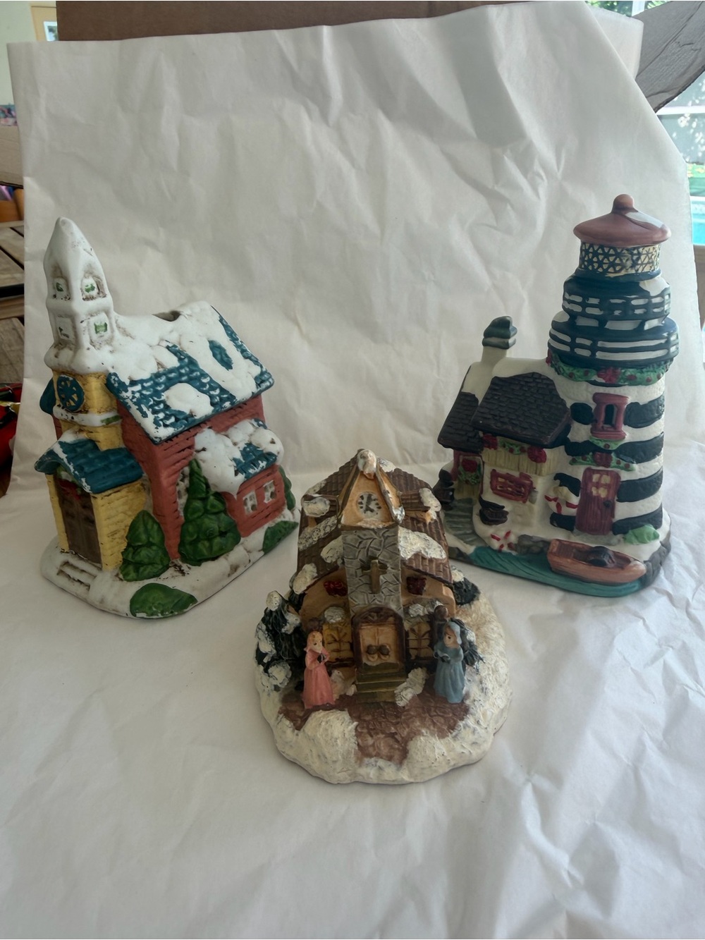 Holiday Village Ceramic Lighthouse and Snowy Cottage Set - White, Blue, Green